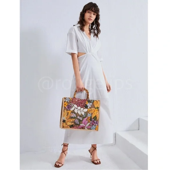 Sequined Floral Decorated Straw Tote Bag Bamboo Handle Embroidered - Picture 4 of 11